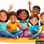 시크릿쥬쥬와 캐릭터 비즈니스 - A vibrant and colorful digital illustration of a diverse group of children aged around 7-10 years ol...